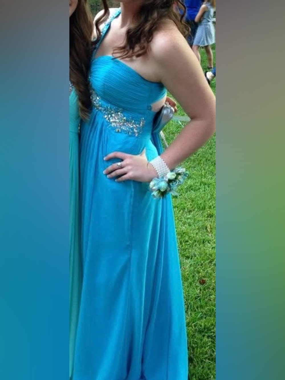 Night Moves Turquoise Blue One-Shoulder Beaded Prom Dress